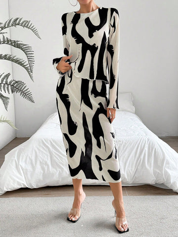 Women'S Printed Pleated Top And Skirt Two Piece Set