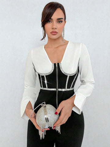 Women'S Rhinestone Embellished Contrast Color Jumpsuit With Faux Two-Piece Design