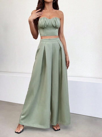 Women'S Sexy Strapless Top And Wide Leg Pants Set