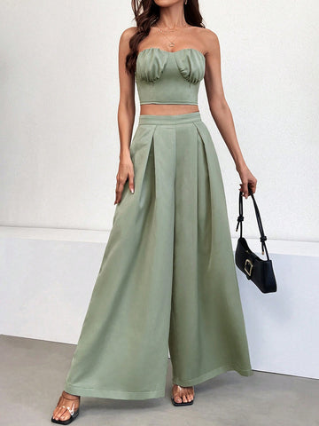 Women'S Sexy Strapless Top And Wide Leg Pants Set