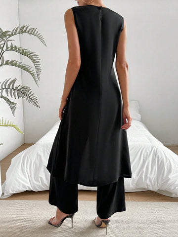 Women'S Sleeveless Top And Pants Set With Side Slit Hem