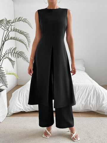 Women'S Sleeveless Top And Pants Set With Side Slit Hem
