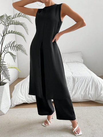 Women'S Sleeveless Top And Pants Set With Side Slit Hem