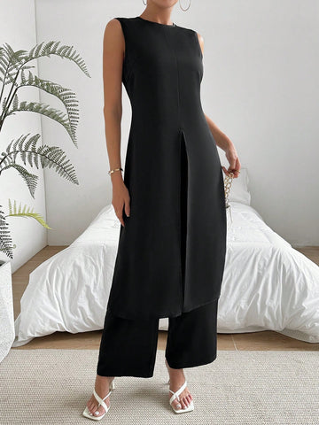 Women'S Sleeveless Top And Pants Set With Side Slit Hem