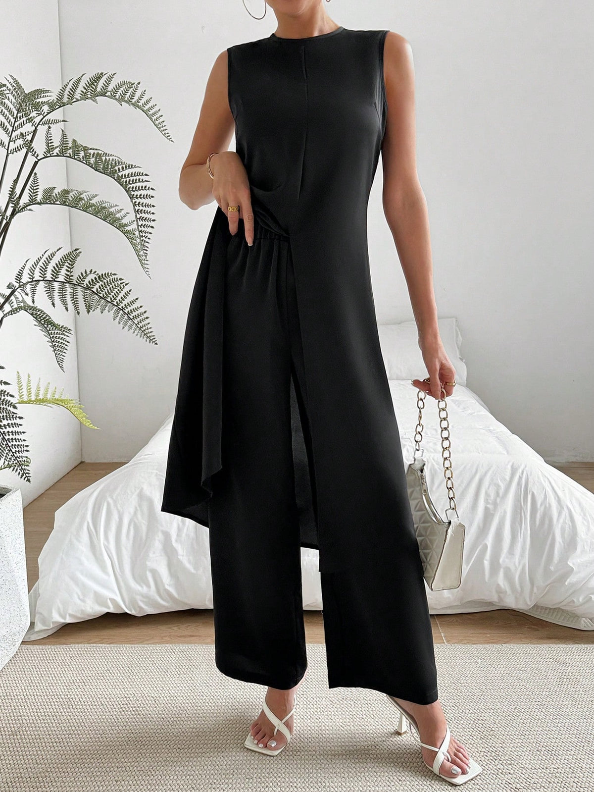Women'S Sleeveless Top And Pants Set With Side Slit Hem