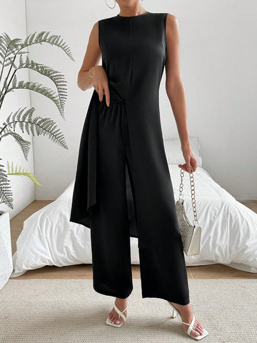 Women'S Sleeveless Top And Pants Set With Side Slit Hem