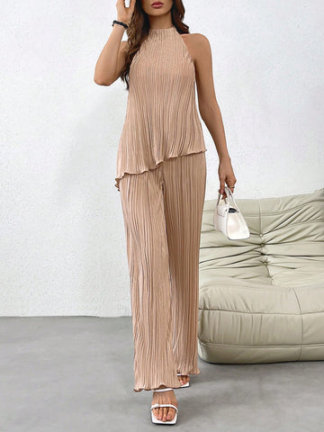 Women'S Solid Color Asymmetric Hem Top And Pants Two-Piece Set