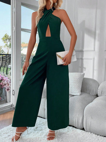 Women'S Solid Color Crossover Halter Jumpsuit