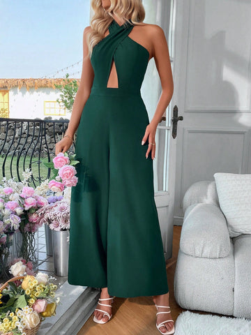 Women'S Solid Color Crossover Halter Jumpsuit