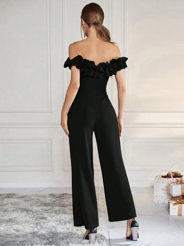Women'S Solid Color Flounce Hem Decorated One Shoulder Wide Leg Jumpsuit