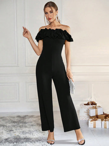 Women'S Solid Color Flounce Hem Decorated One Shoulder Wide Leg Jumpsuit