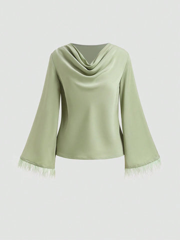 Privé Women"S Solid Color Fringe Long Sleeve Simple Blouse, Casual Everyday Wear