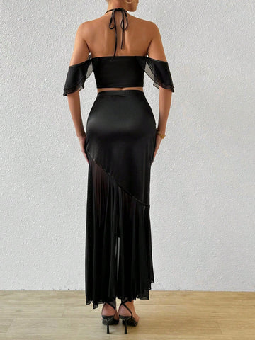 Women'S Solid Color Off-Shoulder Halter Top And Mermaid Skirt Set