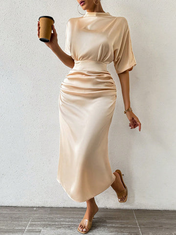 Women'S Stand Collar Short Sleeve Satin Dress