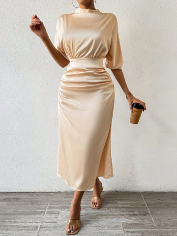 Women'S Stand Collar Short Sleeve Satin Dress