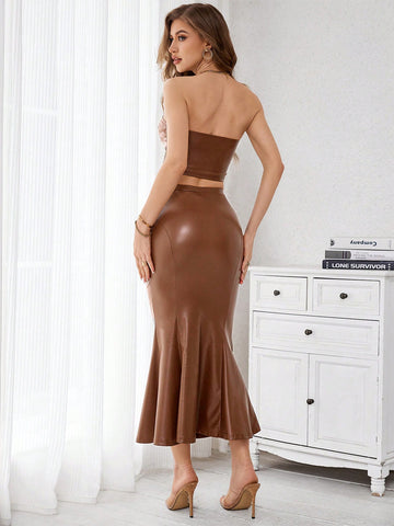 Women'S Strapless Ruched Crop Top And High Waist Split Fish Tail Slim Fit Midi Skirt Two-Piece Set