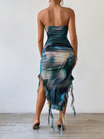 Women'S Tie-Dyeing Asymmetrical Hem Ruffled Strapless Dress