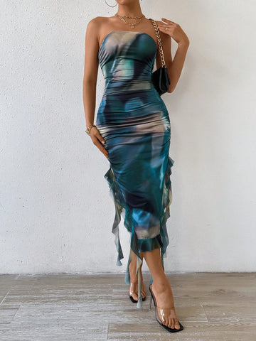 Women'S Tie-Dyeing Asymmetrical Hem Ruffled Strapless Dress