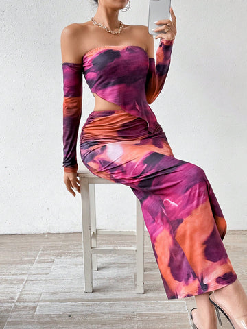 Women'S Tie Dye Irregular Hem Off Shoulder Top And High Slit Skirt Two Piece Set