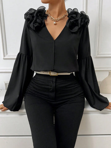 Women'S V-Neck Bodysuit With Shoulder 3d Decoration And Lantern Sleeves