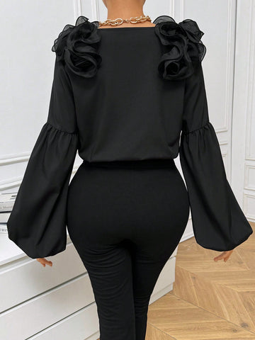 Women'S V-Neck Bodysuit With Shoulder 3d Decoration And Lantern Sleeves