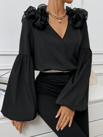 Women'S V-Neck Bodysuit With Shoulder 3d Decoration And Lantern Sleeves