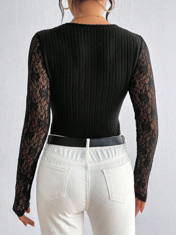 Women'S V-Neck Lace Floral Bodysuit