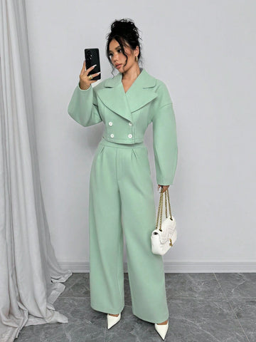 Women 2pcs/Set Polo Collar Lantern Sleeves Top And Pants