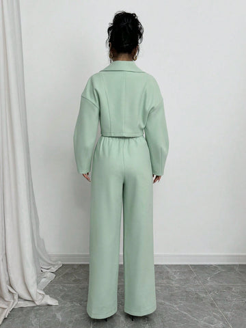 Women 2pcs/Set Polo Collar Lantern Sleeves Top And Pants