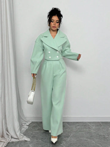 Women 2pcs/Set Polo Collar Lantern Sleeves Top And Pants