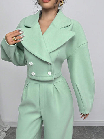 Women 2pcs/Set Polo Collar Lantern Sleeves Top And Pants