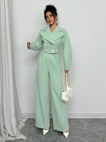 Women 2pcs/Set Polo Collar Lantern Sleeves Top And Pants