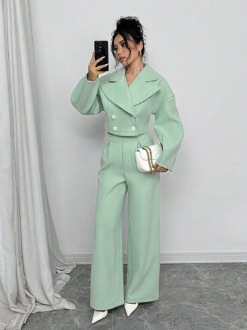 Women 2pcs/Set Polo Collar Lantern Sleeves Top And Pants