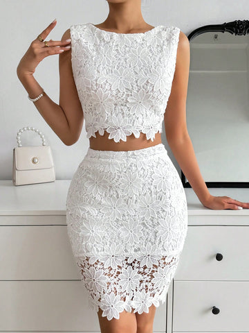Women 2pcs Lace Vest And Bodycon Mini Skirt Set, Elegant, Holiday, Wedding