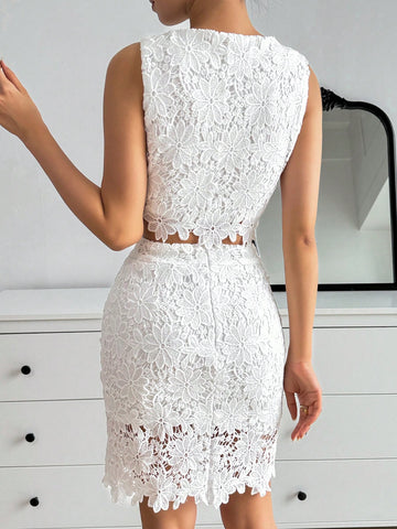 Women 2pcs Lace Vest And Bodycon Mini Skirt Set, Elegant, Holiday, Wedding