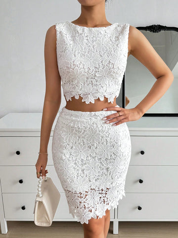 Women 2pcs Lace Vest And Bodycon Mini Skirt Set, Elegant, Holiday, Wedding