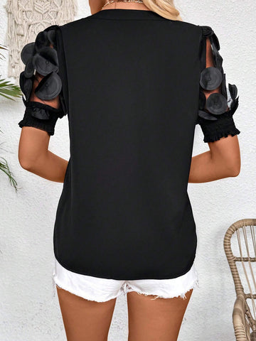 3D Floral Applique Notched Neck Shirt For Summer