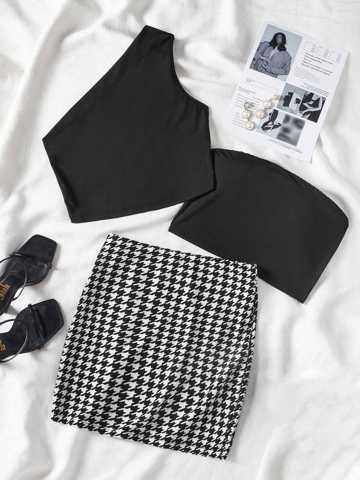 Women 3 Pieces Set Summer One Shoulder Sleeveless Top, Strapless Tube Top And Houndstooth Hem Casual Skirt