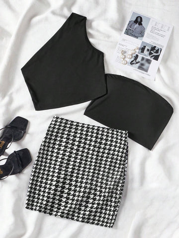 Women 3 Pieces Set Summer One Shoulder Sleeveless Top, Strapless Tube Top And Houndstooth Hem Casual Skirt
