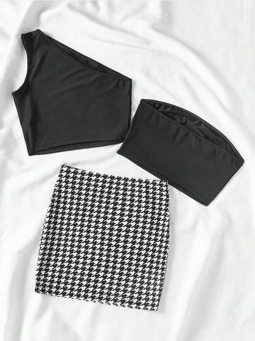 Women 3 Pieces Set Summer One Shoulder Sleeveless Top, Strapless Tube Top And Houndstooth Hem Casual Skirt