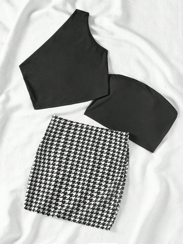 Women 3 Pieces Set Summer One Shoulder Sleeveless Top, Strapless Tube Top And Houndstooth Hem Casual Skirt