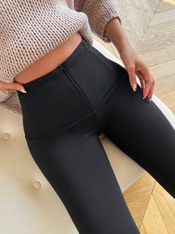 rivé Women All-Match Zipper Waist Turtleneck Slim Fit Leggings, Black, Autumn/Winter