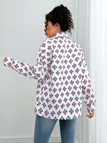 Privé Women All-Over Floral Print Dropped Shoulder Long Sleeve Single-Breasted Pocket Casual Shirt,