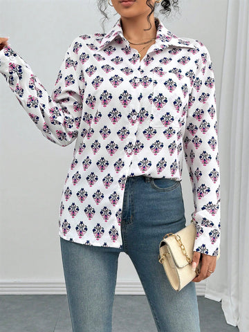 Privé Women All-Over Floral Print Dropped Shoulder Long Sleeve Single-Breasted Pocket Casual Shirt,