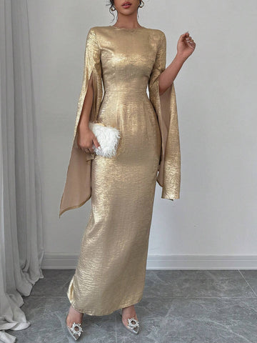 Women Asymmetric Sleeve Slit Bodycon Dress