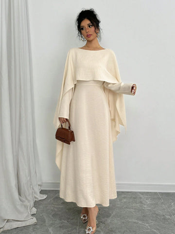 Women Asymmetrical Hem Solid Color Round Collar Long Sleeve Fake 2-In-1 Dress, Autumn