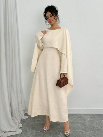 Women Asymmetrical Hem Solid Color Round Collar Long Sleeve Fake 2-In-1 Dress, Autumn