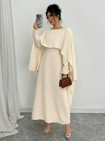 Women Asymmetrical Hem Solid Color Round Collar Long Sleeve Fake 2-In-1 Dress, Autumn