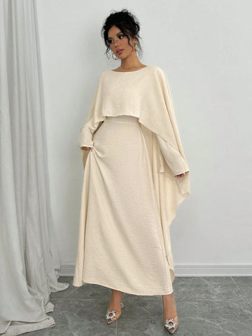 Women Asymmetrical Hem Solid Color Round Collar Long Sleeve Fake 2-In-1 Dress, Autumn
