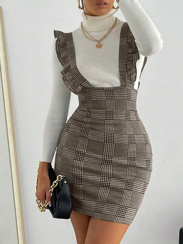 Women Autumn Plaid Splice Ruffle Hem Fitted Elegant Jumper Dress